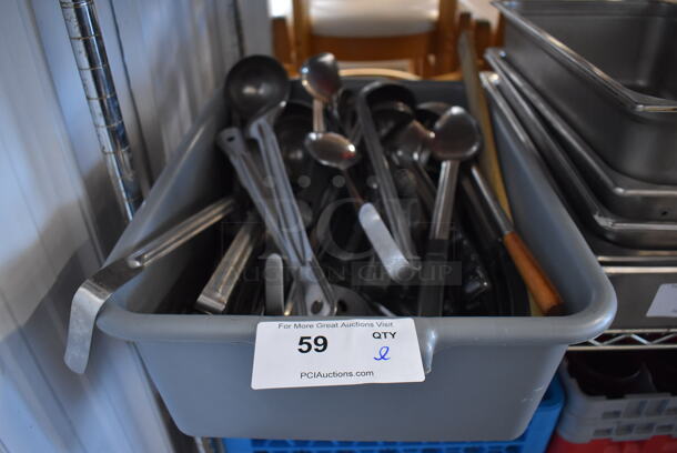 ALL ONE MONEY! Tier Lot of Various Utensils Including Ladles and Serving Spoons in Gray Poly Bus Bin