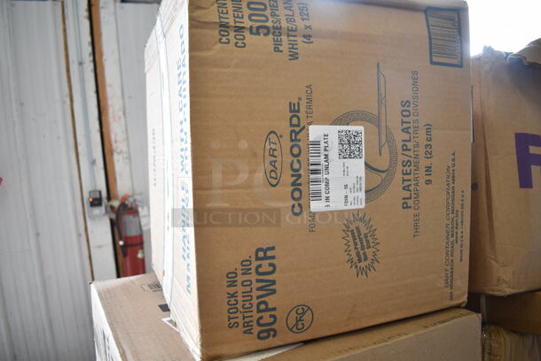 PALLET LOT of 26 BRAND NEW Boxes Including 347RPBD10WHS Visions 10" White Plastic Plate with Silver Bands - 120/Case, 5014046XXH Lavex Pro 45 Gallon 3 Mil 40" x 46" Low Density Heavy-Duty Industrial Contractor Black Trash Bag / Can Liner - 50/Case, 612605070 Choice Full Size Foil Steam Table Pan Deep 3 3/8" Depth - Full Size Deep - 50/Case, 500CC16 Choice Clear PET Customizable Plastic Cold Cup - 16 oz. - 1000/Case, 2 Box 129MCS28B Choice 28 oz. Black Rectangular Microwavable Heavy Weight Container with Lid 8 3/4" x 6 1/4" x 1 3/4" - 150/Case, 500L1020B Choice Black Hot Paper Cup Travel Lid for 10-24 oz. Standard Cups and 8 oz. Squat Cups - 1000/Case, 9CPWCR Dart 9" 3 Compartment White Non-Laminated Round Foam Plate - 500/Case, 5014347HVY Hercules Trash Bags, 999P400C Choice 4 oz. Clear Plastic Souffle Cup / Portion Cup - 100/Pack, 600WS1236 Regency 18 Gauge Stainless Steel 12" x 36" Solid Wall Shelf, 795PTOKFT8 Choice Kraft Microwavable Folded Paper #8 Take-Out Container 6" x 4 3/4" x 2 1/2" - 300/Case, 966TALLFLDB Choice White Tall-Fold 6" x 13" Dispenser Napkin - 8000/Case. 26 Times Your Bid!  - Image 6 of 12