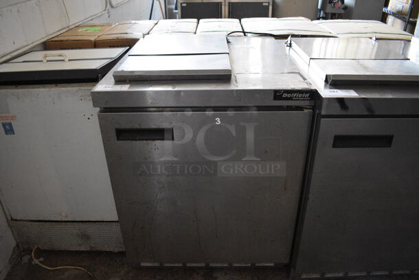 Delfield Model UC4427N-6M-DD1 Stainless Steel Commercial Prep Table on Commercial Casters. 115 Volts, 1 Phase. 27.5x33x36. Tested and Working!