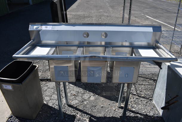 BRAND NEW SCRATCH AND DENT! Regency Stainless Steel Commercial 3 Bay Sink w/ Dual Drain Boards. 58x19x44. Bays 10x14x10. Drain Boards 10x16x1 - Image 1 of 7