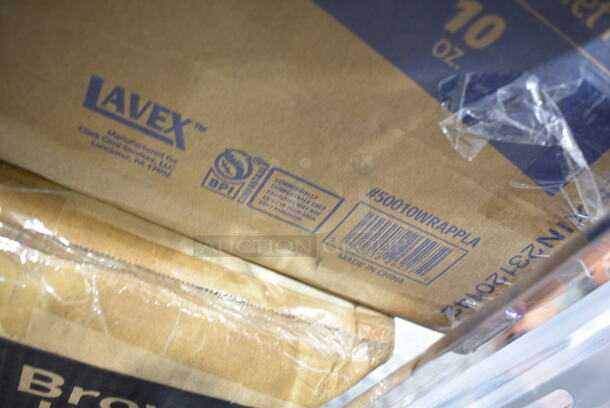 PALLET LOT of 40 BRAND NEW Boxes Including 795PTOKFT3 Choice Kraft Microwavable Folded Paper #3 Take-Out Container 7 3/4" x 5 1/2" x 2 1/2" - 200/Case, 128HD8COMBO ChoiceHD 8 oz. Microwavable Translucent Plastic Deli Container and Lid Combo Pack - 240/Case, 50010WRAPPLA Lavex 10 oz. Kraft Compostable Individually Wrapped Paper Hot Cup - 480/Case, 3 Box 395TO993 EcoChoice 9" x 9" x 3" Compostable Sugarcane / Bagasse 3 Compartment Takeout Container - 200/Case, 5002DNAPBLK Choice 15" x 17" Black Customizable 2-Ply Paper Dinner Napkin - 1000/Case, American Metalcraft CERAM18 18" White Ceramic Pizza Serving Tray, CAC RCN-S16Q Bright White Clinton Square in Square Plate 10 1/2" - 12/Case, 11 Box 130D66UF Choice 6 1/2" x 6 1/4" Unprinted Plastic Deli Saddle Bag with Flip Top - 2000/Case, 5005DNAPFLT Choice Touchstone 16" x 15" White Linen-Feel Flat-Packed Dinner Napkin - 500/Case, 500CC16 Choice Clear PET Customizable Plastic Cold Cup - 16 oz. - 1000/Case, 280SHOOTCLR Choice 5 5/8" Crystal Clear Plastic Test Tube Shot / Shooter - 1000/Case, 500TW35 Choice 3.5 oz. Translucent Thin Wall Plastic Cold Cup - 2500/Case, 2 Box 105GC70002 Choice 2 Part Green and White Carbonless Guest Check Book - 50/Case, Dart 205HT1 White Foam Take Out Container with Perforated Hinged Lid 9" x 6" x 3" - 200/Case, 2 Box 5001RTSELNAT Lavex Select 1-Ply Natural Kraft Paper Towel Roll, 665 Feet / Roll - 6/Case, 2 Box 500TW16S Choice 16 oz. Translucent Thin Wall Squat Plastic Cold Cup - 1000/Case, 5014046XXH Lavex Pro 45 Gallon 3 Mil 40" x 46" Low Density Heavy-Duty Industrial Contractor Black Trash Bag / Can Liner - 50/Case, 29500 Sabert 29500 4 Cup Drink Carrier - 200/Case. 40 Times Your Bid!  - Image 5 of 12