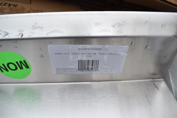 BRAND NEW SCRATCH AND DENT! Regency 600ST3096R 30" x 96" 16 Gauge Stainless Steel Work Table with Sink. No Legs or Under Shelf. - Image 6 of 7