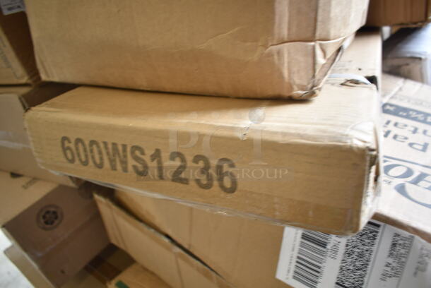 PALLET LOT of 26 BRAND NEW Boxes Including 347RPBD10WHS Visions 10" White Plastic Plate with Silver Bands - 120/Case, 5014046XXH Lavex Pro 45 Gallon 3 Mil 40" x 46" Low Density Heavy-Duty Industrial Contractor Black Trash Bag / Can Liner - 50/Case, 612605070 Choice Full Size Foil Steam Table Pan Deep 3 3/8" Depth - Full Size Deep - 50/Case, 500CC16 Choice Clear PET Customizable Plastic Cold Cup - 16 oz. - 1000/Case, 2 Box 129MCS28B Choice 28 oz. Black Rectangular Microwavable Heavy Weight Container with Lid 8 3/4" x 6 1/4" x 1 3/4" - 150/Case, 500L1020B Choice Black Hot Paper Cup Travel Lid for 10-24 oz. Standard Cups and 8 oz. Squat Cups - 1000/Case, 9CPWCR Dart 9" 3 Compartment White Non-Laminated Round Foam Plate - 500/Case, 5014347HVY Hercules Trash Bags, 999P400C Choice 4 oz. Clear Plastic Souffle Cup / Portion Cup - 100/Pack, 600WS1236 Regency 18 Gauge Stainless Steel 12" x 36" Solid Wall Shelf, 795PTOKFT8 Choice Kraft Microwavable Folded Paper #8 Take-Out Container 6" x 4 3/4" x 2 1/2" - 300/Case, 966TALLFLDB Choice White Tall-Fold 6" x 13" Dispenser Napkin - 8000/Case. 26 Times Your Bid!  - Image 9 of 12