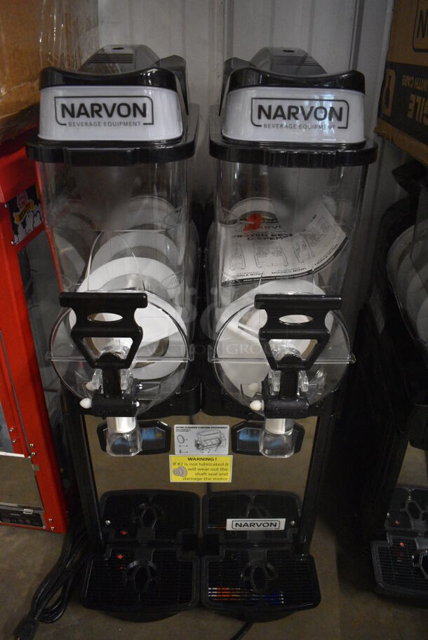 BRAND NEW IN BOX! Narvon Model OASIS 2-10 Metal Commercial Countertop 2 Hopper Slushie Machine. Each Hopper Has 2.6 Gallon Capacity. 120 Volts, 1 Phase. 17x22x34. Tested and Working!