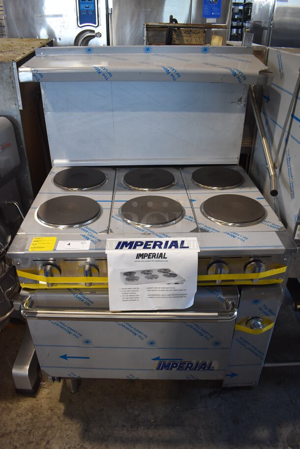 BRAND NEW SCRATCH AND DENT! Imperial IR-6-E Stainless Steel Commercial Electric Powered 6 Burner Hot Plate Range w/ Oven, Over Shelf and Back Splash. 240 Volts, 1 Phase. 36x31x55 - Image 2 of 11