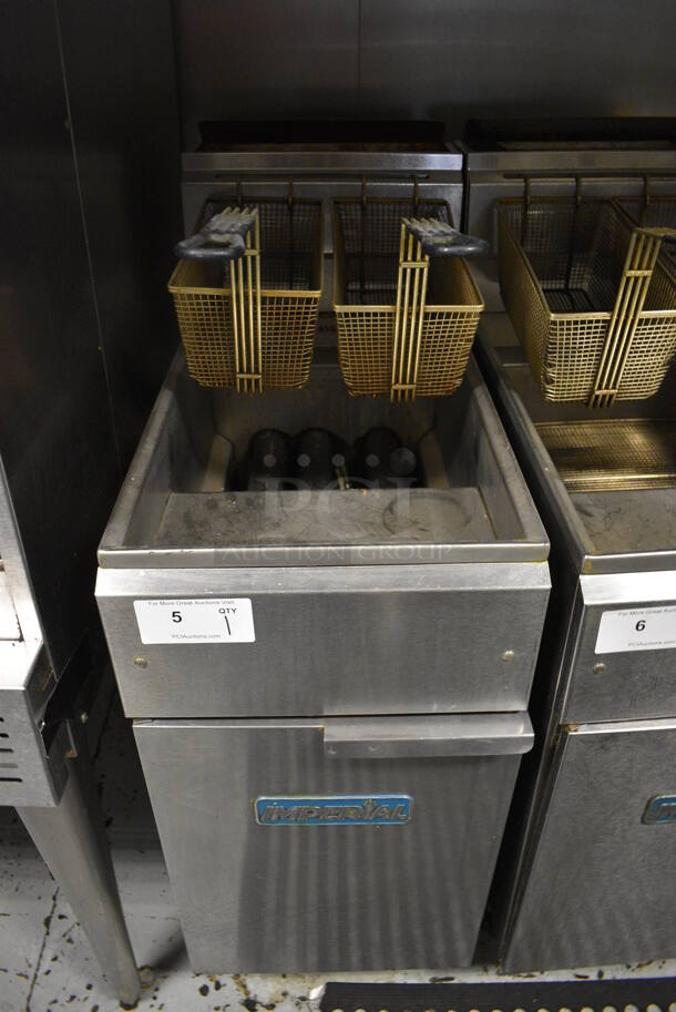 Imperial IFS-40 Stainless Steel Commercial Floor Style Natural Gas Powered Deep Fat Fryer w/ 2 Metal Fry Baskets. 105,000 BTU. 15.5x31x47. BUYER MUST REMOVE. Item Was in Working Condition on Last Day of Business. (kitchen)