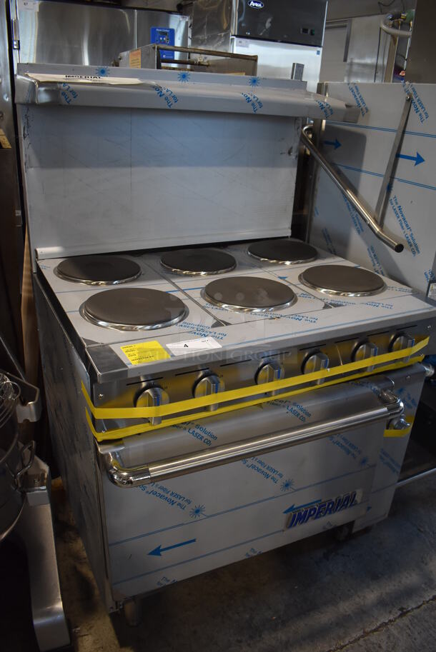 BRAND NEW SCRATCH AND DENT! Imperial IR-6-E Stainless Steel Commercial Electric Powered 6 Burner Hot Plate Range w/ Oven, Over Shelf and Back Splash. 240 Volts, 1 Phase. 36x31x55 - Image 4 of 11