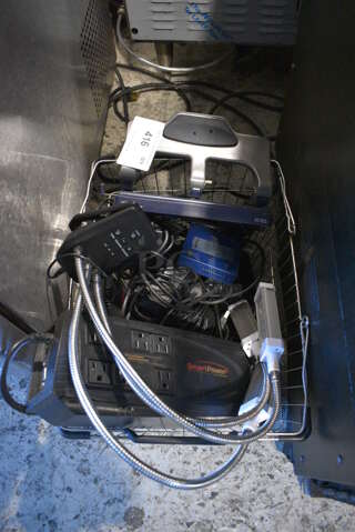 ALL ONE MONEY! Lot of Various Items Including Uninterruptible Power Supply in Wire Basket