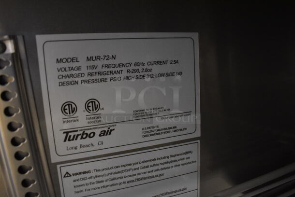 BRAND NEW IN BOX! Turbo Air Model MUR-72-N Stainless Steel Commercial 3 Door Undercounter Cooler. Comes w/ Commercial Casters. 115 Volts, 1 Phase. 73x30x30.5. Tested and Working! - Image 5 of 9