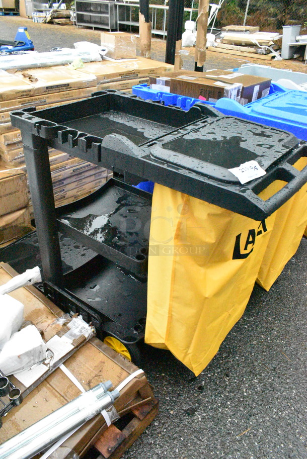 BRAND NEW SCRATCH AND DENT! Lavex 274BLKCARTWB Premium Black 3-Shelf Janitor Cart Kit with Yellow Bag, Black Zippered Bag, and Lid - Image 3 of 7
