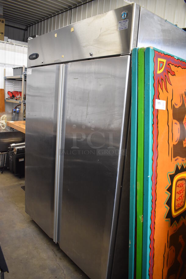 2014 Hoshizaki CF2B-FS ENERGY STAR Stainless Steel Commercial 2 Door Reach In Freezer w/ Poly Coated Racks on Commercial Casters. 115 Volts, 1 Phase. 55x33.5x79. Tested and Working! - Image 1 of 6