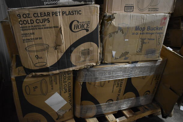 PALLET LOT of 32 BRAND NEW! Boxes Including 3 Box 500CC9 Choice 9 oz. Clear PET Customizable Plastic Squat Cold Cup - 1000/Case, 2 Box 795PLAKFT4 EcoChoice 7 7/8" x 5 1/2" x 3 1/2" Kraft PLA Lined Compostable #4 Take-Out Container - 160/Case, 347RSG2 Choice 2 oz. Clear Plastic Shot Glass - 2500/Case, Carlisle 38655  Coldmaster Ice Cream Shroud for Coldmaster 3 Gallon Cold Crock, Choice 10 oz. Clear PET Plastic Cold Cup - 1000/Case, 129MCS28W Choice 28 oz. White 8 3/4" x 6 1/4" x 1 3/4" Rectangular Microwavable Heavy Weight Container with Lid - 150/Case, 24713622 Vigor Drop In Bins, 164HIGHCWN Lancaster Table & Seating Assembled Standard Height Wooden High Chair with Walnut Finish, 129MCR24B Choice 24 oz. Black Round Microwavable Heavy Weight Container with Lid 7 1/4" - 150/Case. 32 Times Your Bid! - Image 3 of 12