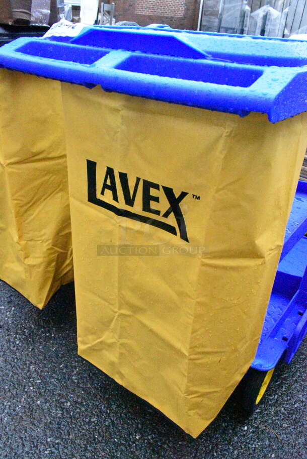 BRAND NEW SCRATCH AND DENT! Lavex 274BLUCARTWB Premium Blue 3-Shelf Janitor Cart Kit with Yellow Bag, Black Zipper Bag and Lid - Image 4 of 8