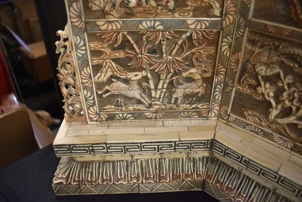 EXTREMELY RARE! ANTIQUE! Authentic 100+ Year Old Hand Carved Solid Ivory Decorative Screen w/ Dragon Motif. - Image 9 of 11
