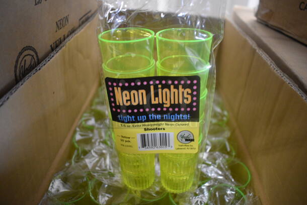 ALL ONE MONEY! Lot of 250 Packs of 10 BRAND NEW IN BOX Neon Lights YNL15YEL 1.5 Neon Yellow Plastic Shot Glasses. Total of 2,500. 1.75x1.75x2.5