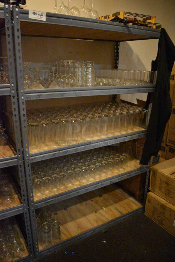 Gray Metal 5 Tier Shelving Unit w/ Contents Including Beverage Glasses and Wine Glasses. 48x24x72. BUYER MUST REMOVE; BUYER MUST DISMANTLE. PCI CANNOT DISMANTLE FOR SHIPPING. PLEASE CONSIDER FREIGHT CHARGES. (glass room - off of bar area) - Image 10 of 10