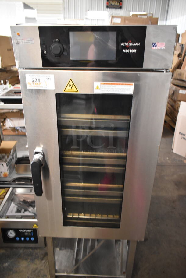 2019 Alto Shaam VMC H4H Stainless Steel Commercial Electric Powered Half-Size Vector H Multi Cook Oven on Stand. See Pictures For Side Dent and Crack in Screen. 208-240 Volts, 3 Phase.