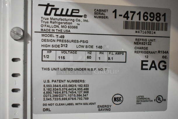 True T-49 Stainless Steel Commercial 2 Door Reach In Cooler w/ Poly Coated Racks on Commercial Casters. 115 Volts, 1 Phase.  Tested and Working! - Image 5 of 5