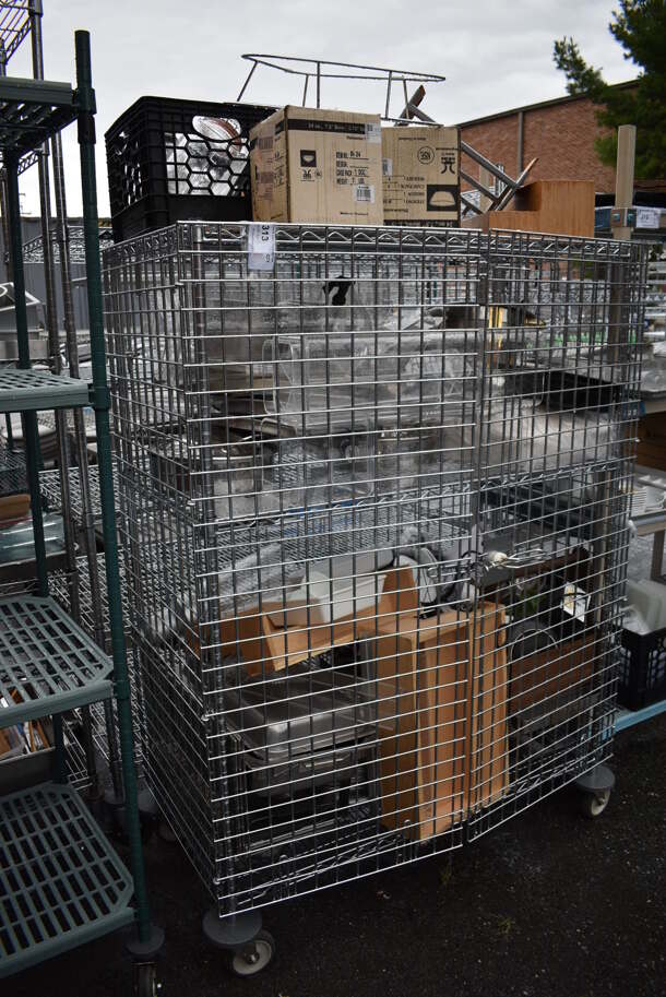 ALL ONE MONEY! Lot of Chrome Finish 3 Tier Shelving Unit on Commercial Casters w/ Liquor Cage and All Contents Including Wooden Box, Chafing Dish, Fake Plant. BUYER MUST DISMANTLE. PCI CANNOT DISMANTLE FOR SHIPPING. PLEASE CONSIDER FREIGHT CHARGES. 50x25x68 - Image 2 of 10