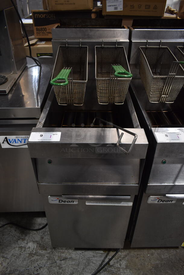 2016 Dean D150GNTS Stainless Steel Commercial Floor Style Natural Gas Powered Deep Fat Fryer w/ 2 Metal Fry Baskets on Commercial Casters. 120,000 BTU. 
