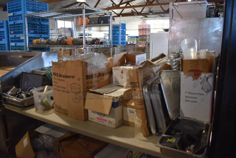 ALL ONE MONEY! Lot of Various Items Under Table Including Poly Silverware Bins, Painting Supplies and Plastic Lids