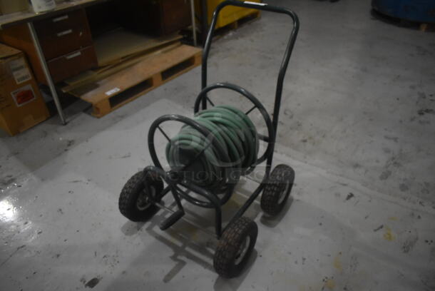 Metal Black Hose Reel w/ Green Hose on Casters. - Image 2 of 4