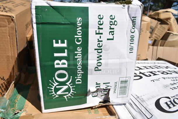 PALLET LOT of 20 BRAND NEW Boxes Including Dart 205HT1 White Foam Take Out Container with Perforated Hinged Lid 9" x 6" x 3" - 200/Case, 5002WRAPNAP Natural Kraft 1/4 Fold Dinner Napkin 16" x 16, 394365L Noble Products Powder-Free Disposable Vinyl Gloves for Foodservice - 1000/Case, 485WJ7TN Choice 7 3/4" Jumbo Clear Wrapped Straw - 12000/Case, 795KFTL50PE Choice 44-50 oz. Round PET Take-Out Lid - 300/Case, Dart 90HTPF1R White Foam Square Take Out Container with Hinged Lid 9" x 9" x 3" - 200/Case, 395TO991 EcoChoice 9" x 9" x 3" Compostable Sugarcane / Bagasse 1 Compartment Take-Out Box - 200/Case, 130WSPOONWP Choice Individually Wrapped Medium Weight White Plastic Teaspoon - 1000/Case. 20 Times Your Bid!  - Image 7 of 12