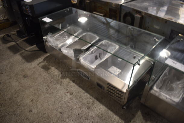 BRAND NEW SCRATCH AND DENT! 2023 KoolMore SCDC-3P-SSL Stainless Steel Commercial Countertop Refrigerated Rail w/ 3 Drop In Bins and Glass Sneeze Guard. 115 Volts, 1 Phase. Tested and Working!
 - Image 3 of 6