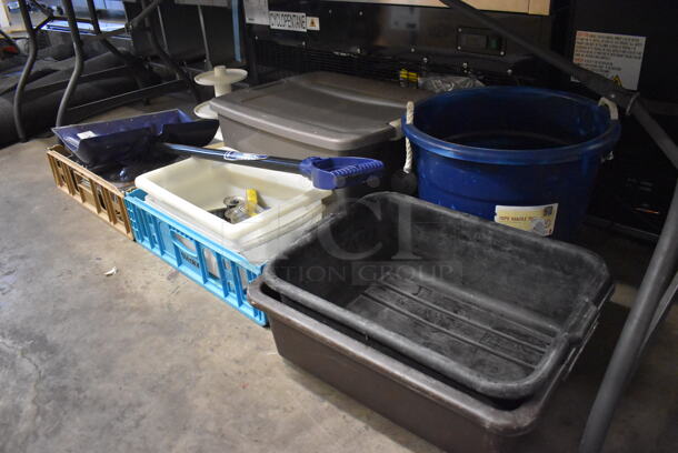 ALL ONE MONEY! Lot of Items Under Table Including Poly Bins, Snow Shovel, 3 Tier Poly Stand - Image 5 of 5