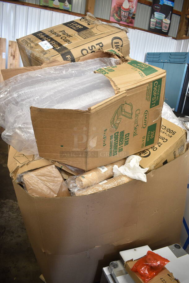 PALLET LOT of 15 BRAND NEW Boxes Including 9998NRKFT New Roots 8 oz. Smooth Single Wall Kraft Compostable Paper Hot Cup - 40/Pack, 612OB225LB Choice 2.25 lb. Oblong Foil Take-Out Container - 500/Case, Dart C90PST1 ClearSeal Hinged Lid Plastic Container 8 1/4" x 8 1/4" x 3" - 250/Case, Choice Paper Scoop Cups, 43306HCUPC Choice 6-Cup High Dome Hinged OPS Plastic Cupcake / Muffin Container, 999P150B Choice 1.5 oz. Black Plastic Souffle Cup / Portion Cup - 100/Pack, 612OB4LB Choice 4 lb. Oblong Foil Take-Out Container - 250/Case. 15 Times Your Bid! - Image 1 of 12