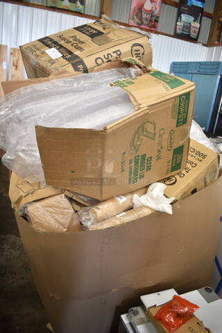 PALLET LOT of 15 BRAND NEW Boxes Including 9998NRKFT New Roots 8 oz. Smooth Single Wall Kraft Compostable Paper Hot Cup - 40/Pack, 612OB225LB Choice 2.25 lb. Oblong Foil Take-Out Container - 500/Case, Dart C90PST1 ClearSeal Hinged Lid Plastic Container 8 1/4" x 8 1/4" x 3" - 250/Case, Choice Paper Scoop Cups, 43306HCUPC Choice 6-Cup High Dome Hinged OPS Plastic Cupcake / Muffin Container, 999P150B Choice 1.5 oz. Black Plastic Souffle Cup / Portion Cup - 100/Pack, 612OB4LB Choice 4 lb. Oblong Foil Take-Out Container - 250/Case. 15 Times Your Bid!