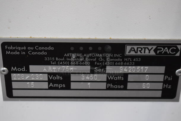 Arty Pac ARTY75H Metal Commercial Floor Style Fully Automated High Speed
Horizontal Flow Wrapper on Commercial Casters. 208-230 Volts, 1 Phase. 119x31x74 - Image 9 of 10