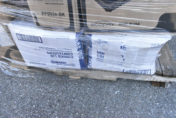 25 BRAND NEW Boxes Including 2 Box 395RP07 EcoChoice No PFAS Added Bamboo / Bagasse Blend 7" Plate - 1000/Case, MFHL8833CBLW Hinged Lid Containers, 2 Box Dart 90HTPF3R 9" x 9" x 3" White Foam Three-Compartment Square Take Out Container with Hinged Lid - 200/Case, 500CC20 Choice Clear PET Customizable Plastic Cold Cup - 20 oz. - 600/Case, 485CBW Choice 8" White Plastic Soda / Sundae Spoon - 1000/Case, 760SOUP6WPA Choice 6 oz Paper Hot Food Cups, 130BKFKSNSPX500 Choice Black Extra Heavy Weight Wrapped Plastic Cutlery Pack with Napkin and Salt and Pepper Packets - 500/Case, 5002BNAPWH Choice 2-Ply White Beverage / Cocktail Napkin - 3000/Case, 395RP06PF BAMBOO 9" ROUND PLATE 500/CS, 129MCR32B Choice 32 oz. Black Round Microwavable Heavy Weight Container with Lid 7 1/4" - 150/Case, 500CC10 Choice 10 oz. Clear PET Plastic Cold Cup - 1000/Case, Dart ClearPac SafeSeal 8 oz. Tamper-Resistant, Tamper-Evident Hinged Container with Flat Lid - 200/Case, 394325L Noble NexGen Powder-Free Disposable Blue Hybrid 3 Mil Thick Gloves - Large - 1000/Case, 4 Box 394345M Noble NexGen Powder-Free Disposable Black Hybrid 3 Mil Thick Gloves - Medium - 1000/Case. 25 Times Your Bid!  - Image 5 of 12