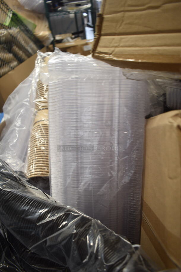 PALLET LOT of 15 BRAND NEW Boxes Including 9998NRKFT New Roots 8 oz. Smooth Single Wall Kraft Compostable Paper Hot Cup - 40/Pack, 612OB225LB Choice 2.25 lb. Oblong Foil Take-Out Container - 500/Case, Dart C90PST1 ClearSeal Hinged Lid Plastic Container 8 1/4" x 8 1/4" x 3" - 250/Case, Choice Paper Scoop Cups, 43306HCUPC Choice 6-Cup High Dome Hinged OPS Plastic Cupcake / Muffin Container, 999P150B Choice 1.5 oz. Black Plastic Souffle Cup / Portion Cup - 100/Pack, 612OB4LB Choice 4 lb. Oblong Foil Take-Out Container - 250/Case. 15 Times Your Bid! - Image 12 of 12