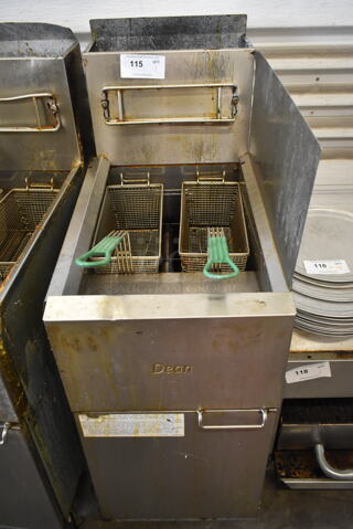 2020 Dean SR142GN Stainless Steel Commercial Floor Style Natural Gas Powered Deep Fat Fryer w/ 2 Metal Fry Baskets on Commercial Casters. 105,000 BTU. 