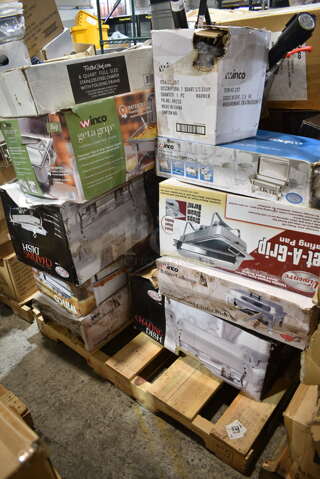 PALLET LOT of 22 BRAND NEW Items/Boxes Including Winco Chafers, Winco 7 Quart Soup Warmer, Trash Can, Stanchion. 22 Times Your Bid!