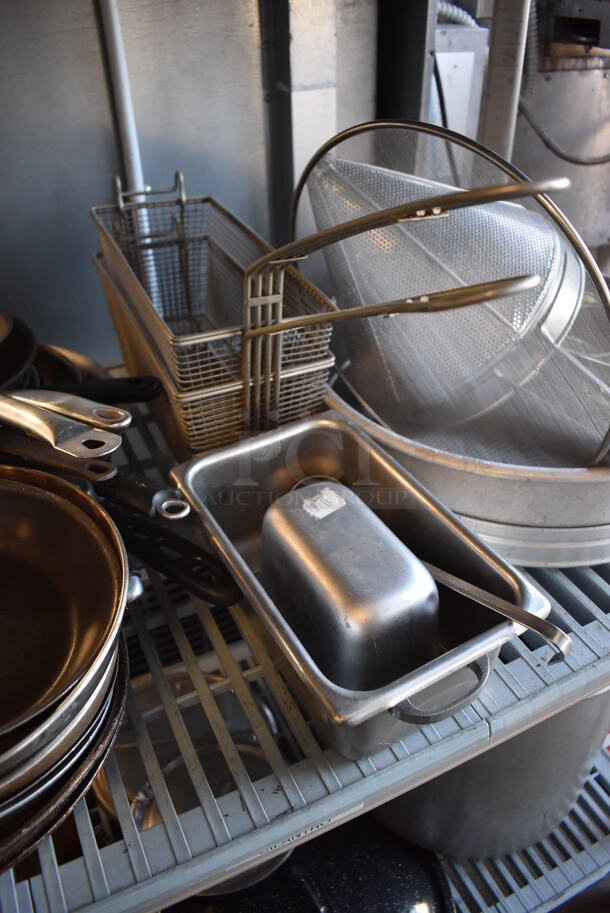 ALL ONE MONEY! Tier Lot of Various Items Including Metal Skillets, Metal Stock Pot, Fry Baskets, China Cap Strainer - Image 6 of 12