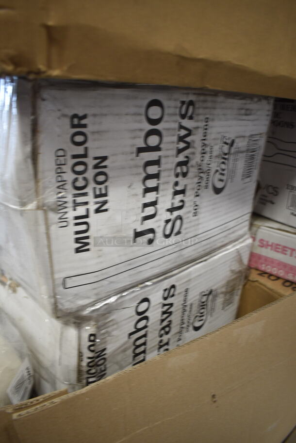 PALLET LOT of 30 BRAND NEW Boxes Including 433QLINERBL Baker's Lane 16x24 Full Size Quilon, 2 Box Choice Neon Jumbo Straws, 130HCUTTWR Visions Individually Wrapped Plastic Spoon, 164WHCKDNAT Lancaster Table & Seating Standard Height Wooden High Chair with Natural Finish - Unassembled, 999RP10 Visions Wave 10" Plates, 500CC16 Choice Clear PET Customizable Plastic Cold Cup - 16 oz. - 1000/Case, Y12S Dart Squat Plastic Cold Cup, P55 Heavy Patty Sheets, 50016C Choice 16 oz. Coffee Print Poly Paper Hot Cup - 1000/Case, Tuxton GAS-008 TuxTrendz Artisan Sagebrush 11 5/8" China Plate - 12/Case, DBP09W Dixie Basic 8 1/2" White Light Weight Paper Plate - 500/Case, 433W4BGC Choice White Paper Bag, Popcorn Bags. 30 Times Your Bid! - Image 4 of 12