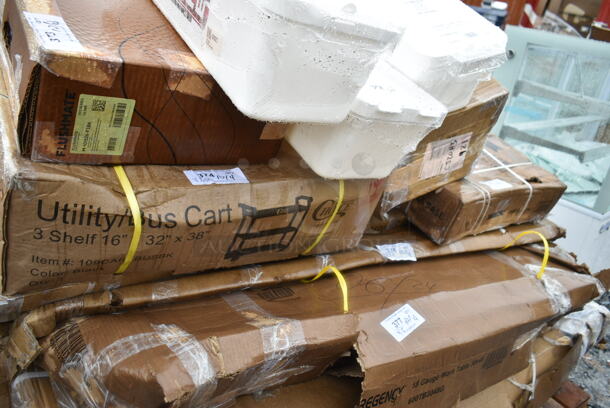 2 BRAND NEW SCRATCH AND DENT! Items Including Choice 109CARTBUSBK Black Utility / Bussing Cart with Three Shelves - 32" x 16" and American Metalcraft PTCC 5 1/2" x 4 1/2" x 13" Stainless Steel Curved Wire Paper Towel Holder with Card Holder. 2 Times Your Bid! May Be Missing Pieces.  - Image 2 of 4