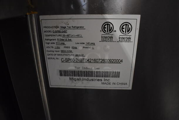 2016 Migali C-SP60-24BT Stainless Steel Commercial Sandwich Salad Prep Table Bain Marie Mega Top on Commercial Casters. 115 Volts, 1 Phase. 60.5x34x47. Tested and Powers On But Temps at 55 Degrees - Image 7 of 9