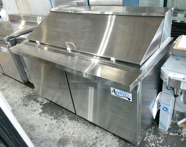 BRAND NEW SCRATCH AND DENT! 2024 Avantco 178SSPT60MHC Stainless Steel  60" 2 Door Mega Top Stainless Steel Refrigerated Sandwich Prep Table on Commercial Casters. 115 Volts, 1 Phase. Tested and Working! - Image 2 of 10