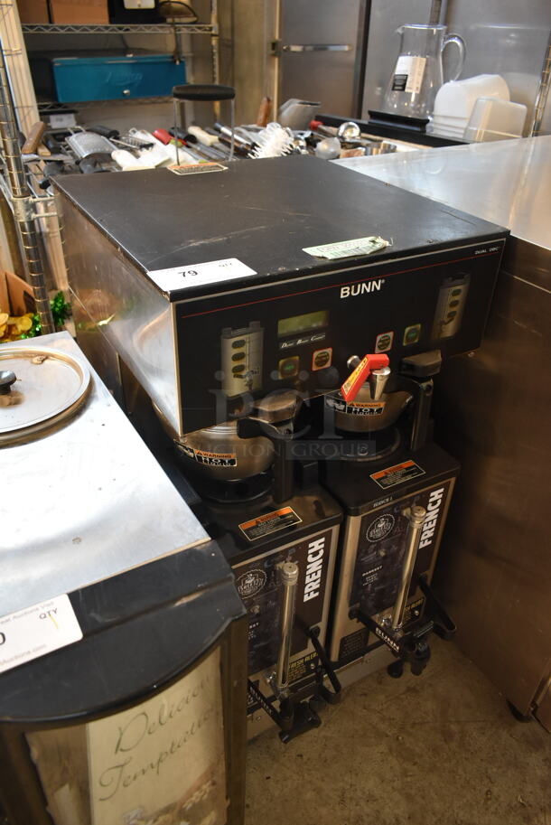 2011 Bunn Model DUAL SH DBC Stainless Steel Commercial Countertop Dual Coffee Machine w/ Hot Water Dispenser, 2 Bunn Model SH SERVER Satellite Servers and 2 Metal Brew Baskets. 120/208-240 Volts, 1 Phase.  - Image 2 of 6