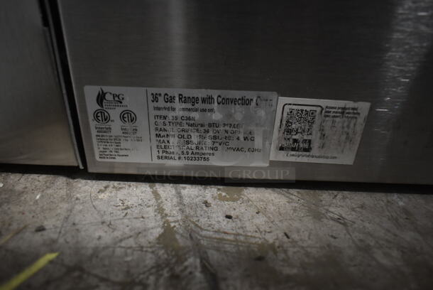 BRAND NEW SCRATCH AND DENT! Cooking Performance Group CPG 351C36N Stainless Steel Commercial Natural Gas 6 Burner Range w/ Convection Oven and Back Splash. 212,000 BTU.  - Image 6 of 6