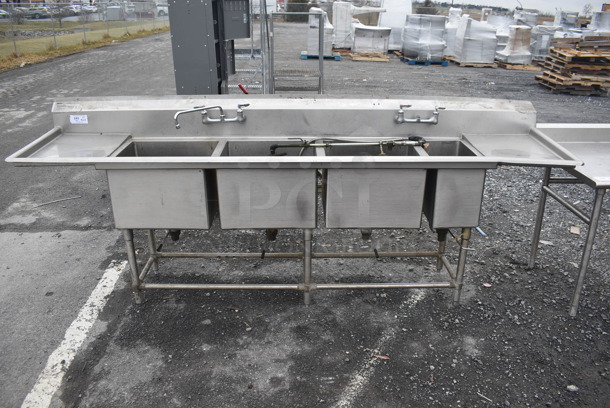 Stainless Steel Commercial 4 Bay Sink w/ Dual Drain Boards, Faucet, 2 Handle Sets and Spray Nozzle Attachment. 114x27x44. Bays 20x18x14, 10x18x14. Drain Boards 16x21x1