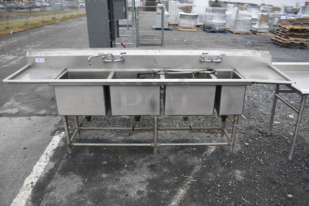 Stainless Steel Commercial 4 Bay Sink w/ Dual Drain Boards, Faucet, 2 Handle Sets and Spray Nozzle Attachment. 114x27x44. Bays 20x18x14, 10x18x14. Drain Boards 16x21x1 - Image 1 of 10