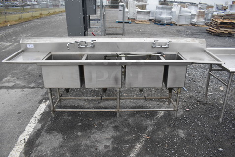 Stainless Steel Commercial 4 Bay Sink w/ Dual Drain Boards, Faucet, 2 Handle Sets and Spray Nozzle Attachment. 114x27x44. Bays 20x18x14, 10x18x14. Drain Boards 16x21x1