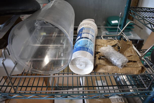 ALL ONE MONEY! Three Tier Lot of Various Items Including Blue Poly Bins, Seat Cushion, Metal Convection Oven Legs, Sink Pieces, Glass Dome Lid, 600IB2124LID Regency Stainless Steel Sliding Lid for 21" x 24" Underbar Ice Bin, Acopa Platters.  - Image 8 of 12