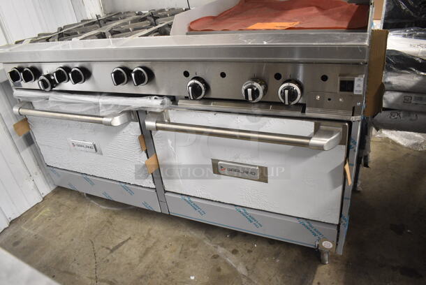 BRAND NEW SCRATCH AND DENT! 2022 Garland G60-6G24CC Stainless Steel Commercial Propane Gas 6 Burner 60" Range with 24" Griddle, Over Shelf, Back Splash and 2 Convection Ovens. 310,000 BTU. - Image 3 of 12