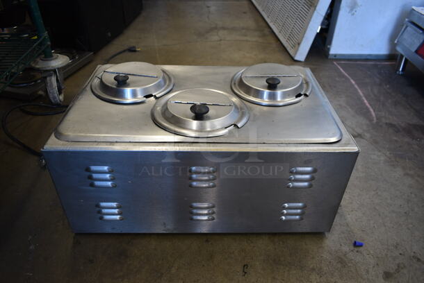 APW Wyott W-3Vi Stainless Steel Commercial Countertop Food Warmer w/ Lids and Adapter. 120 Volts, 1 Phase. Tested and Powers On But Does Not Get Hot