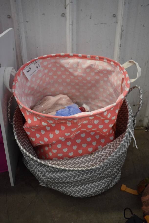 ALL ONE MONEY! Lot of 2 Tote Baskets w/ Contents! Includes 15x15x18